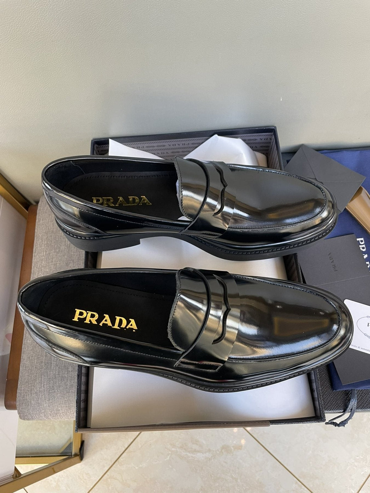 Prada Black Glossy Strap Loafers